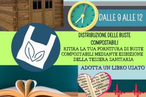 Sabato 7 Ottobre 2023: Biblioteca del libro rifiutato e consegna di buste compostabili.